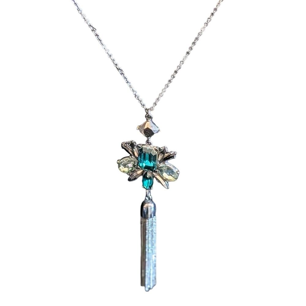 Gun Metal Green & Smoky Stones Tassel 32-35.5" Necklace
